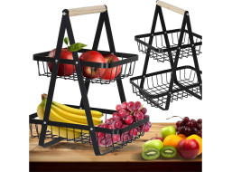 Dvoupatrový koš na ovoce a zeleninu - černý (kov, dřevo)