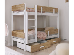 Dětská patrová postel z masivu borovice ETTORE se šuplíky 200x90 cm - bílá/dub shetland, žebřík vlevo