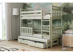 Dětská patrová postel z masivu borovice PETR s přistýlkou a šuplíky - 200x80 cm - OLIVOVĚ ZELENÁ