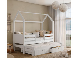Dětská domečková postel z masivu borovice NOLAN se šuplíky a přistýlkou - 180x80 cm - bílá
