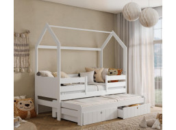 Dětská domečková postel z masivu borovice NOLAN II se šuplíky a přistýlkou - 200x90 cm - bílá