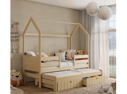 Dětská domečková postel z masivu borovice NOLAN II se šuplíky a přistýlkou - 200x90 cm - přírodní borovice