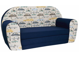 Dětská rozkládací JUNIOR pohovka Retro auta - tmavě modrá/krémová