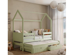 Dětská domečková postel z masivu borovice NOLAN II se šuplíky a přistýlkou - 180x80 cm - olivově zelená
