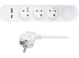 Solight prodlužovací přívod 3 zásuvky, USB A+C 20W PD, 5m, 3 x 1mm2, bílý, vypínač