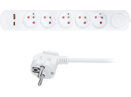 Solight prodlužovací přívod 5 zásuvek, USB A+C 20W PD, 3m, 3 x 1mm2, bílý, vypínač