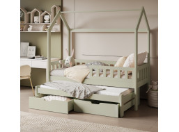 Dětská domečková postel z masivu borovice TIMMY se šuplíky a přistýlkou - 180x80 cm - olivově zelená