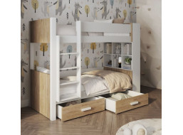 Dětská patrová postel z masivu borovice GASPAR se šuplíky a regálem - 180x80 cm - bílá/dub shetland