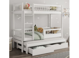 Dětská patrová postel z masivu borovice EVAN s přistýlkou a šuplíky - 180x80 cm - bílá