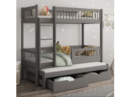 Dětská patrová postel z masivu borovice EVAN s přistýlkou a šuplíky - 180x80 cm - grafitová