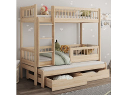 Dětská patrová postel z masivu borovice EVAN s přistýlkou a šuplíky - 180x80 cm - přírodní borovice