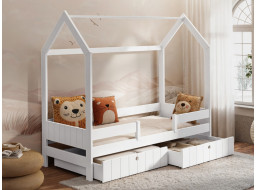 Dětská domečková postel z masivu borovice NAOMI se šuplíky - 200x90 cm - bílá