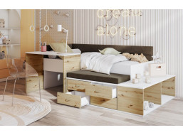 Dětská postel s psacím stolem a úložnými prostory AMIRA - 200x90 cm - bílá/hnědá/dub artisan