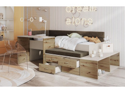 Dětská postel s psacím stolem a úložnými prostory AMIRA - 180x80 cm - kašmírová/hnědá/dub artisan