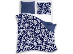 Saténové povlečení MILAGRO VERDE Bílé květy - modré/tmavě modré - 160x200 cm
