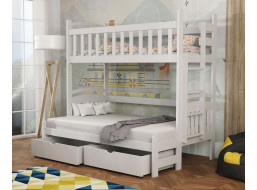 Dětská patrová postel z masivu borovice s rozšířeným spodním lůžkem LUKÁŠ se šuplíky 200x90/140 cm - BÍLÁ, žebřík vpravo