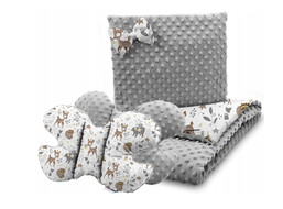 Dětská deka do kočárku s polštářkem a motýlkem - BABYMAM PREMIUM set 3v1 - Srneček a přátelé s šedou minky