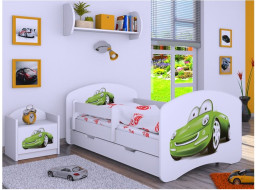 Dětská postel se šuplíkem 160x80cm ZELENÉ AUTO - bílá