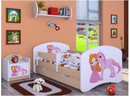 Dětská postel se šuplíkem 160x80cm PRINCEZNA A JEDNOROŽEC - světlá hruška