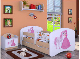 Dětská postel se šuplíkem 160x80cm PRINCEZNA A KONÍK - světlá hruška