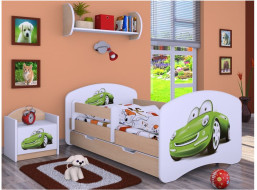 Dětská postel se šuplíkem 160x80cm ZELENÉ AUTO - světlá hruška