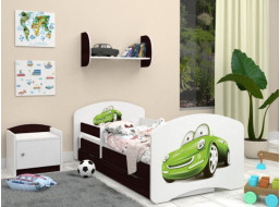 Dětská postel se šuplíkem 180x90cm ZELENÉ AUTO - kaštan wenge