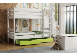 Dětská patrová postel z masivu GABI - 160x80 cm - bílá se zelenými šuplíky + MATRACE