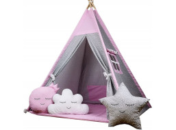 Dětský stan TEEPEE (TÝPÍ) STARS s doplňky - šedý/růžový