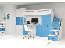 Dětská vyvýšená postel s psacím stolem a skříní MAXÍK 4 bílo-modrá - 200x80 cm + matrace ZDARMA