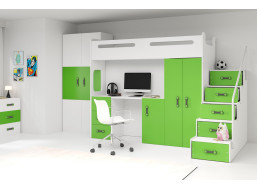 Dětská vyvýšená postel s psacím stolem a skříní MAXÍK 4 bílo-zelená - 200x80 cm + matrace ZDARMA