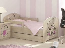 Dětská postel se šuplíkem s výřezem KOČIČKA - růžová 140x70 cm + matrace ZDARMA - NORSKÁ BOROVICE - 2x krátká zábrana