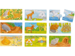 GOKI Dřevěné puzzle dvojice Zvířátka a jejich domov 9x2 dílků