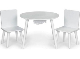 ECOTOYS Dětský kulatý dřevěný stůl se dvěma židličkami bílý