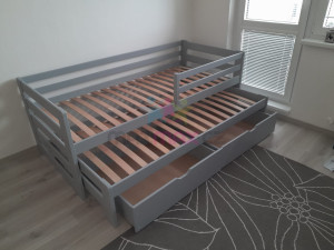 Dětská postel z masivu borovice SANDRA s přistýlkou a šuplíky - 200x90 cm - ŠEDÁ