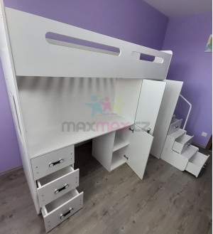 Dětská vyvýšená postel s psacím stolem a skříní MAXÍK 4 bílá - 200x80 cm + matrace ZDARMA