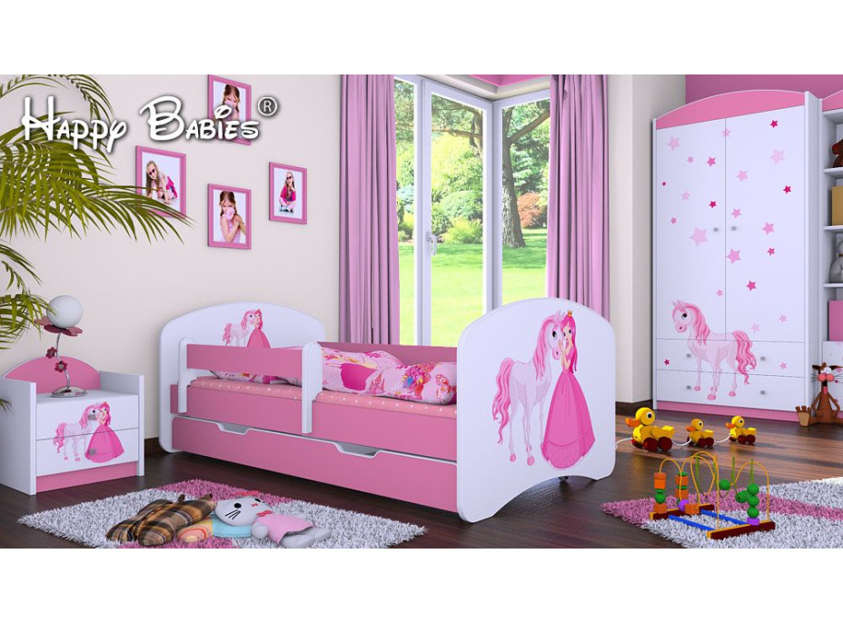 Dětská postel se šuplíkem 180x90cm PRINCEZNA A KONÍK - růžová