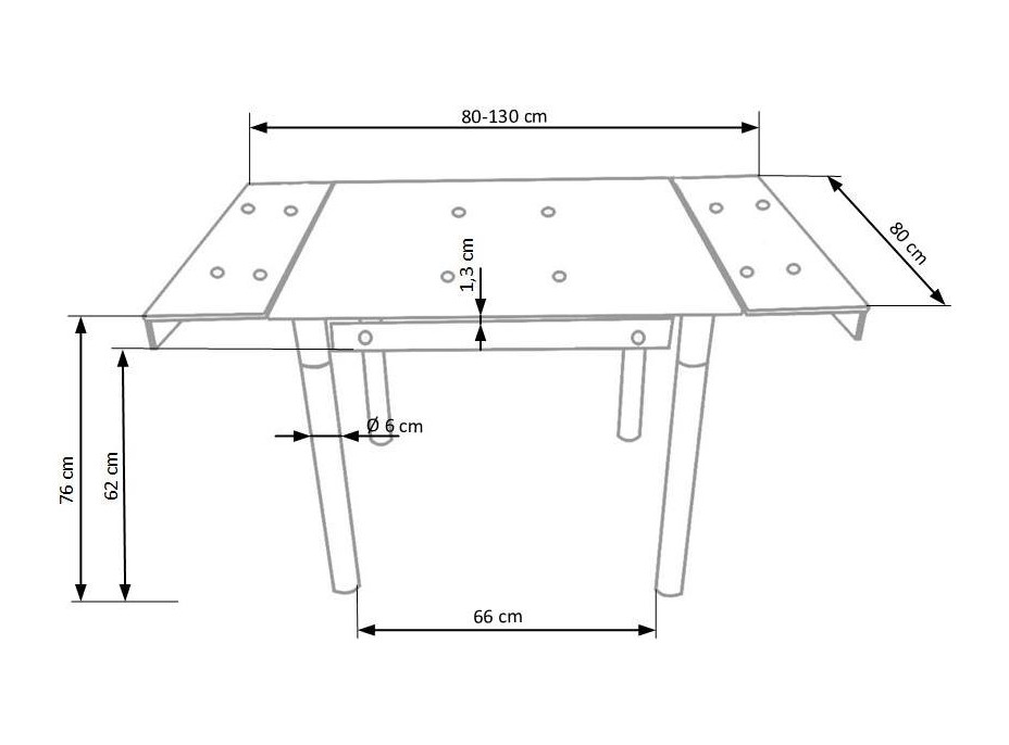 Jídelní stůl KEN 80(130)x80x76 cm - rozkládací - sklo/černý
