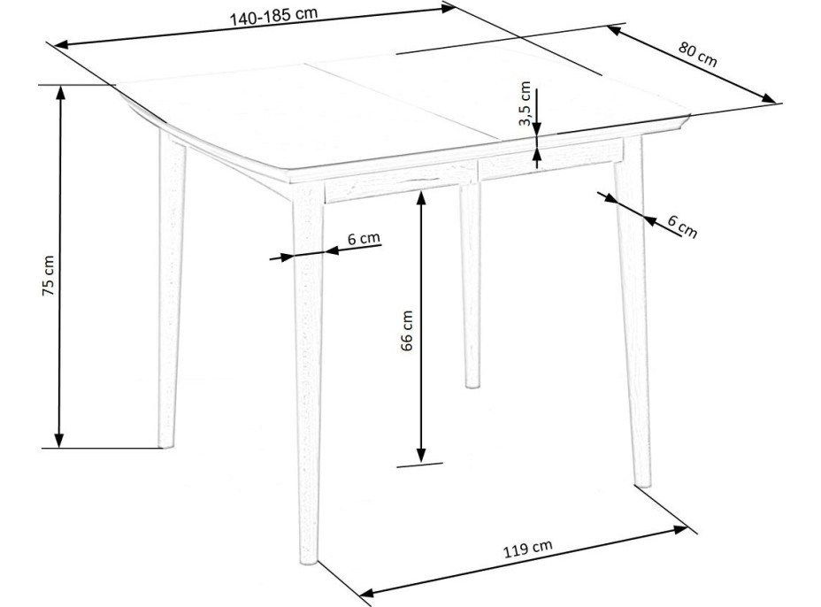 Jídelní stůl BRAD - 140(185)x80x75 cm - rozkládací - bílý/dub lefkas