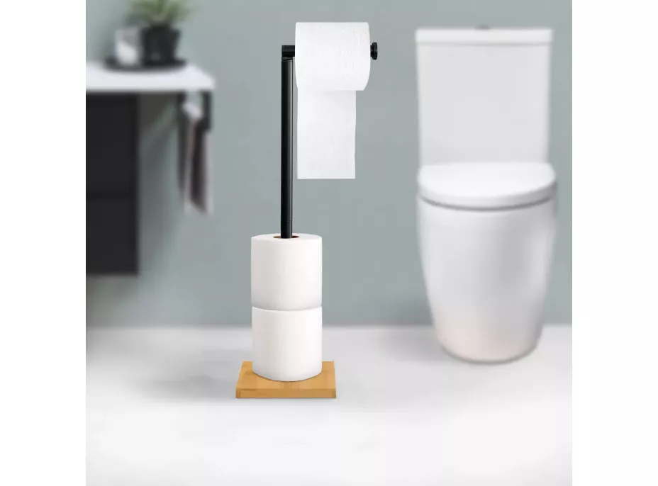 Držák toaletního papíru ROGE se zásobníkem - stojící - na 4 role - černý s bambusovou základnou
