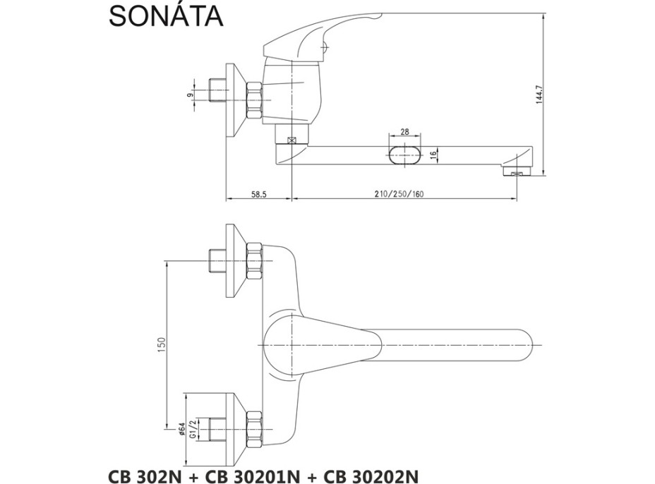 Kuchyňská dřezová baterie SONÁTA - rovné ramínko 21 cm - chromová