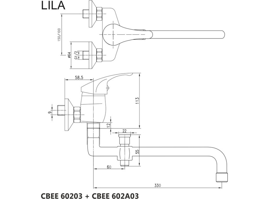 Nástěnná baterie do bytového jádra LILA - ramínko 33 cm - chromová