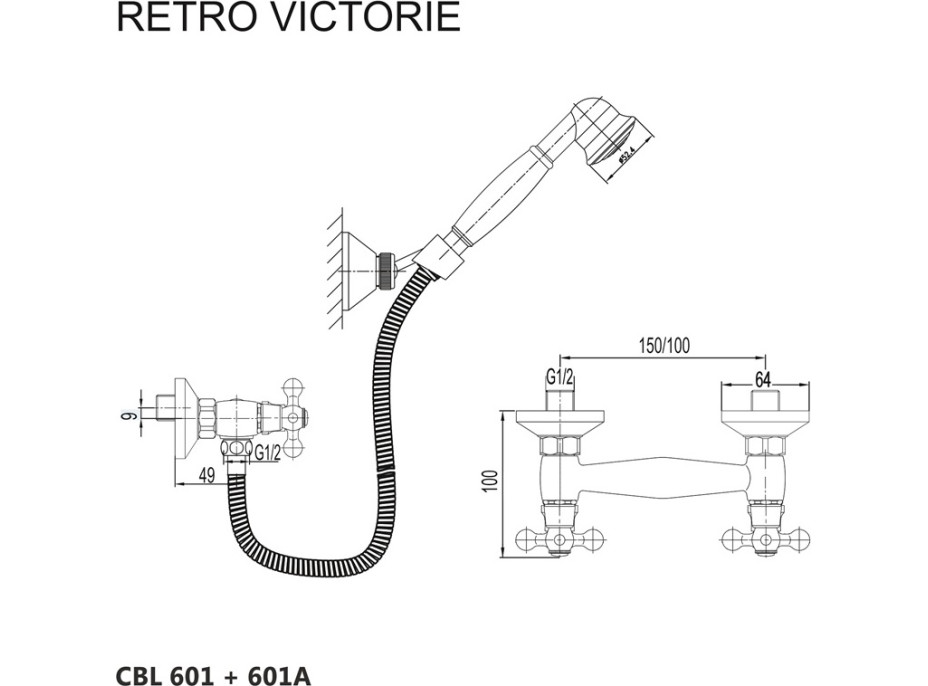 Sprchová baterie RETRO VIKTORIE s příslušenstvím - chromová