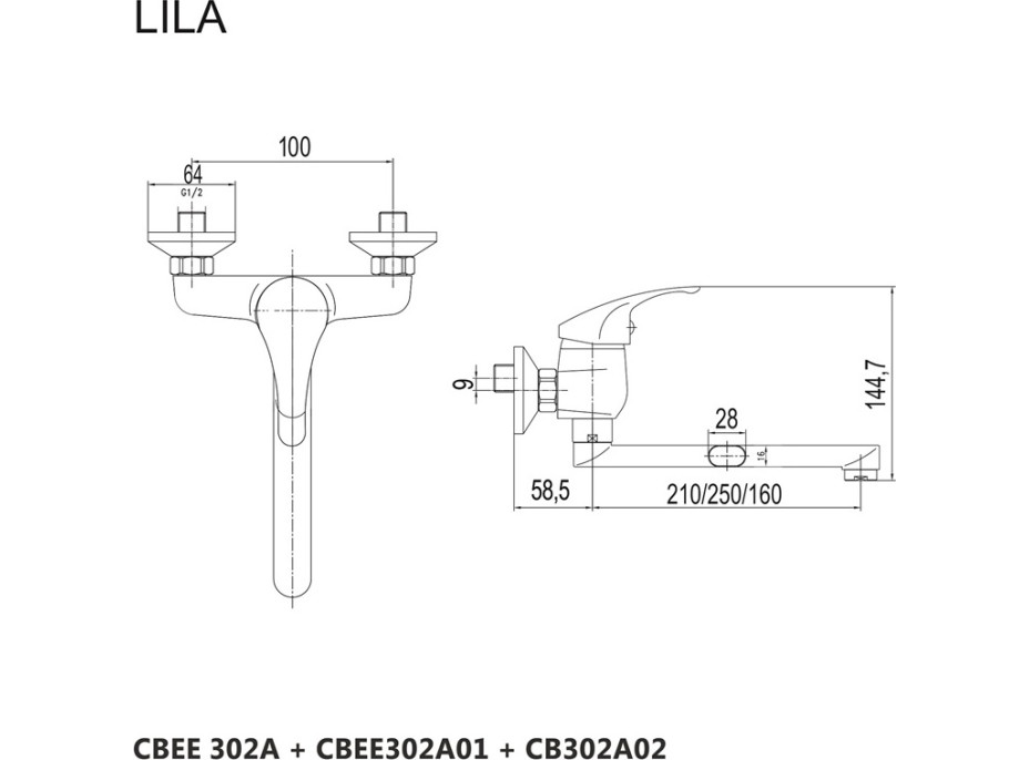 Kuchyňská dřezová nástěnná baterie LILA - ramínko 16 cm - chromová