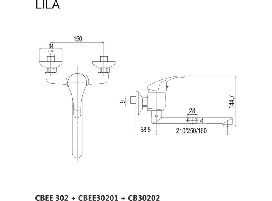 Kuchyňská dřezová nástěnná baterie LILA - ramínko 16 cm - chromová