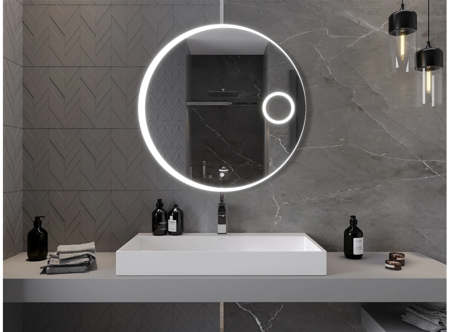 Kulaté zrcadlo MEXEN ELLA 90 cm - s LED podsvícením, zvětšovací lupou a vyhříváním, 9811-090-090-611-00