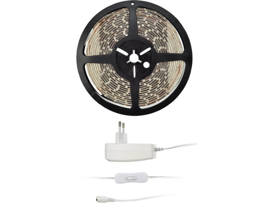 LED světelný pás s testrem, 5m, sada s 12V adaptérem, 4,8W/m, IP65, teplá bílá