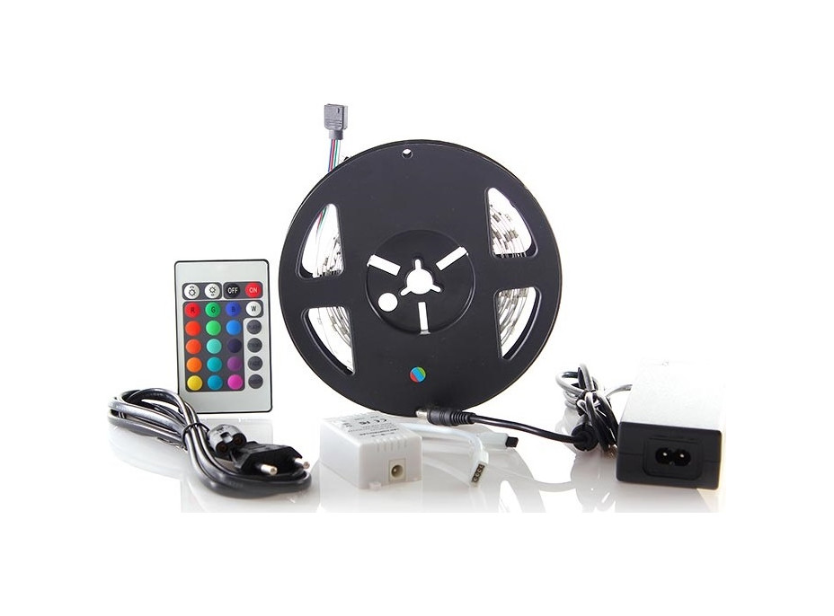 LED světelný pás, RGB, 3m, sada s 12V adaptérem a dálk. ovladačem, 7,2W/m, IP20