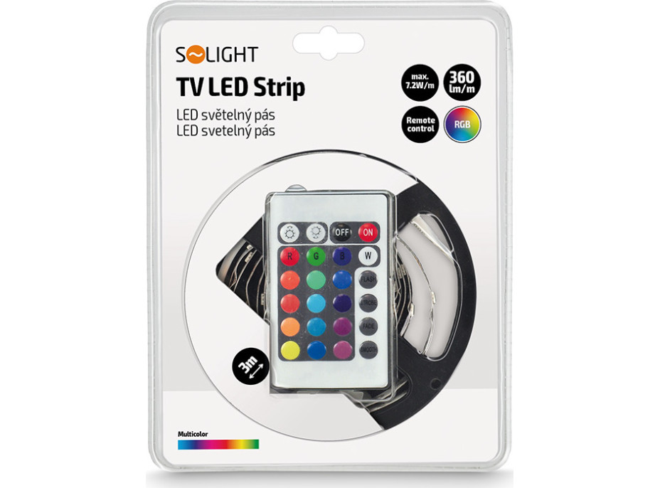 LED světelný pás, RGB, 3m, sada s 12V adaptérem a dálk. ovladačem, 7,2W/m, IP20