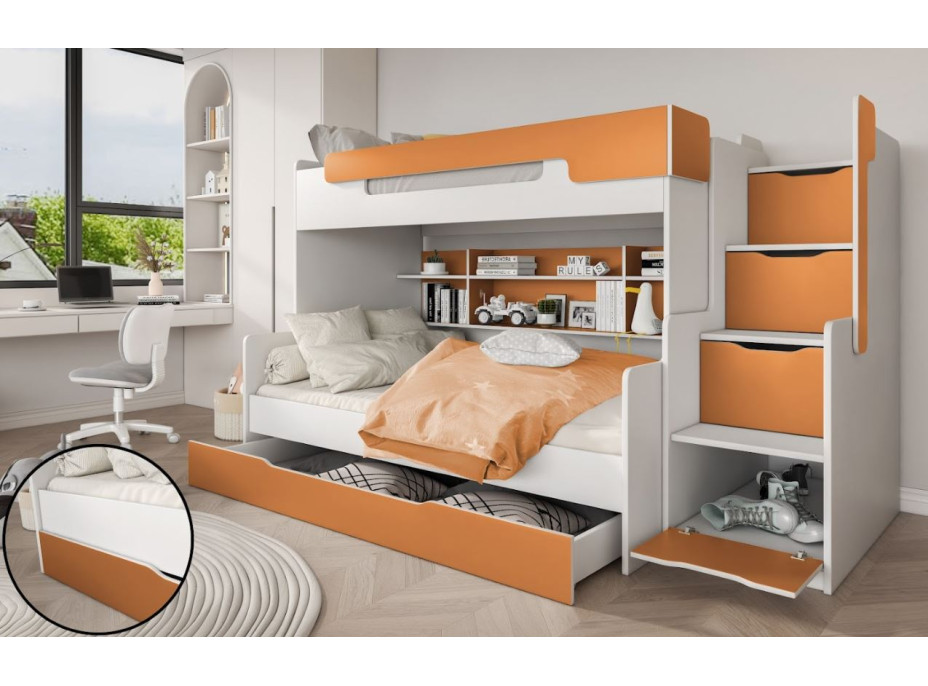 Dětská patrová postel s rozšířeným spodním lůžkem a šuplíkem HARRY bílo-oranžová - 200x90/120 cm