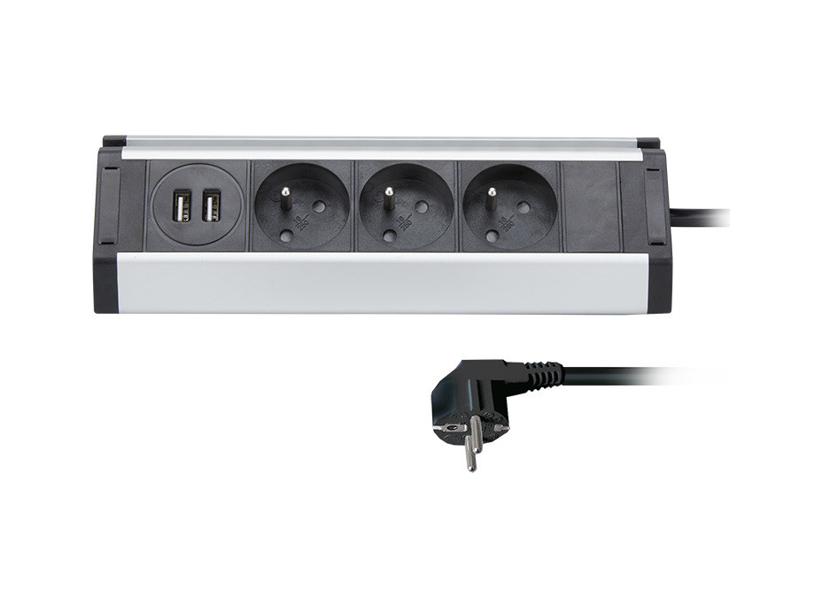 Prodlužovací přívod, 3 zásuvky + 2X USB, 1,5m, 3 x 1mm2, hliník, rohový design